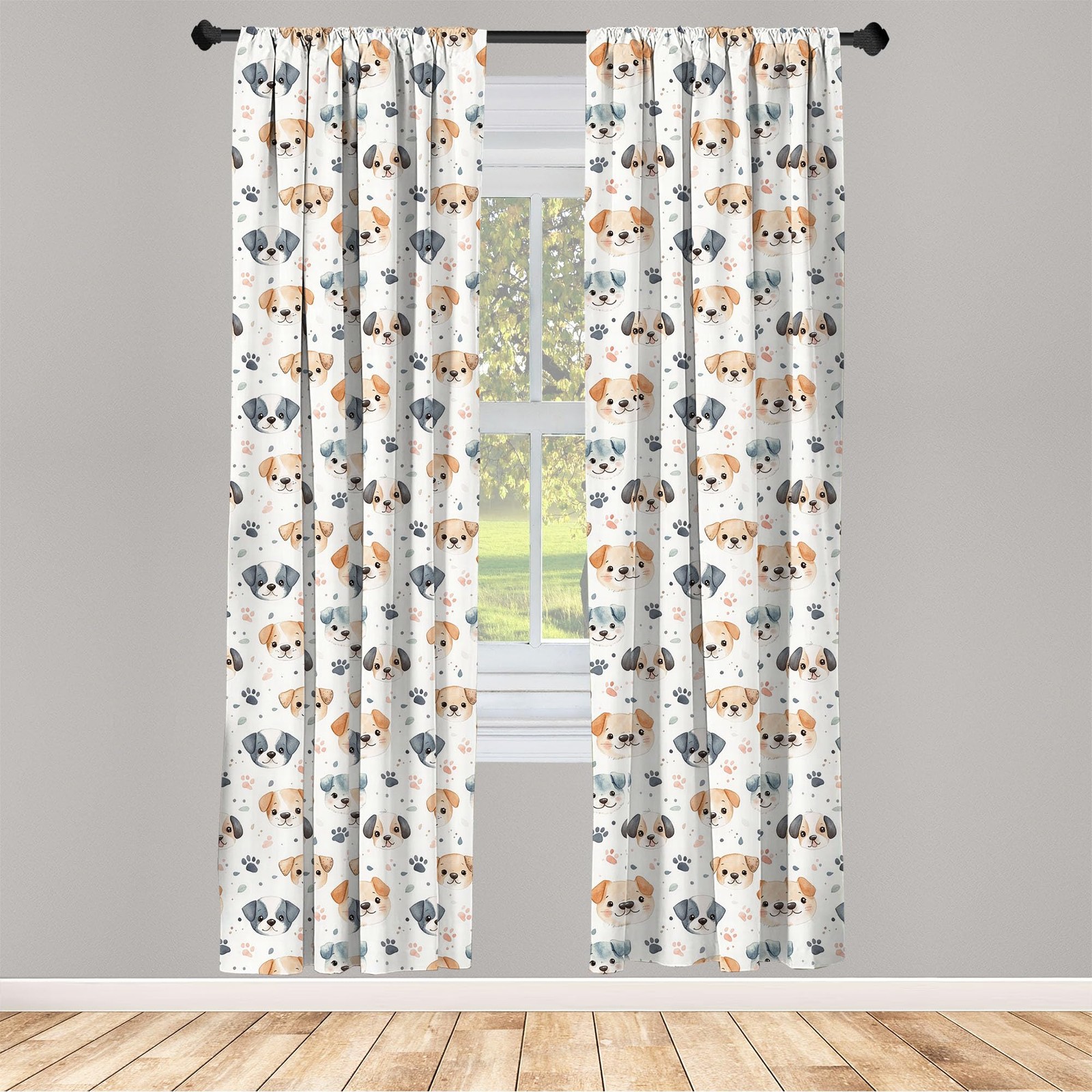 Puppy Window Curtains, Cartoon Pattern of Animal Love Dog with Paws Dots Past…