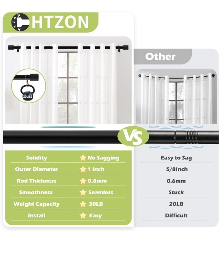 HTZON Black Curtain Rods for Windows 72 to 144 Inch:Modern Decorative …….286