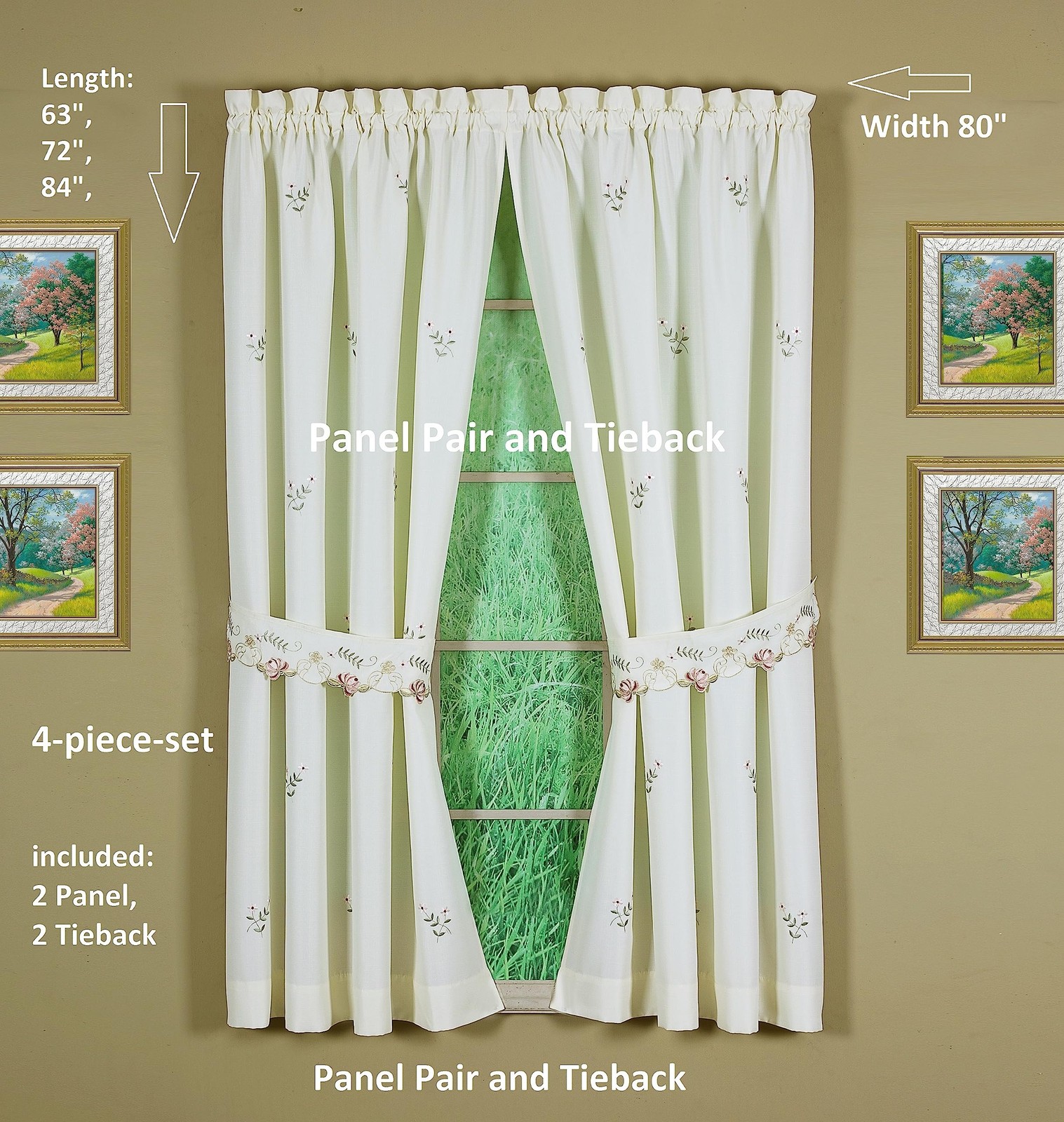 Verona Reverse Embroidery Panel Pair and Tiebacks, 63″, Ecru/Rose, 80″ W X 63″ L