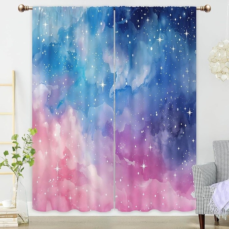 Pink Blue Galaxy Curtain Water-Resistant Space Theme Easy Hang Dreamy Clouds New