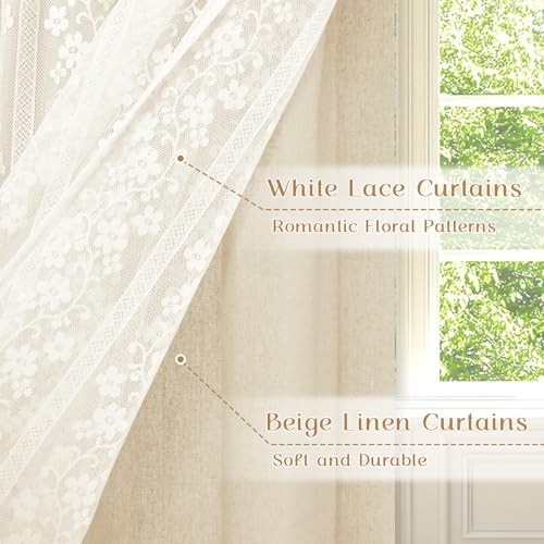 Linen Kitchen Curtains 36 Inch Length, Double 26″W x 36″L (Pack of 2) Beige