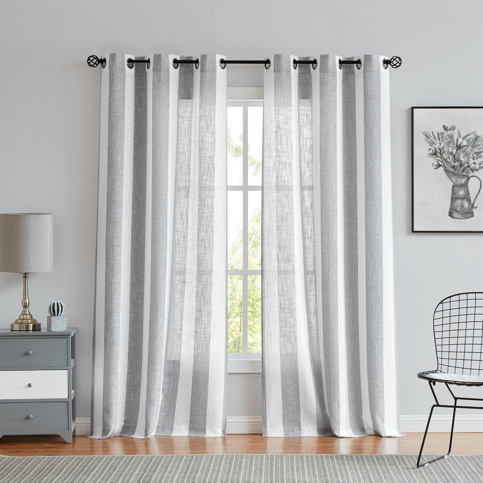 Gray White Stripe Farmhouse Curtains Semi-Sheer Rayon Blend Heavy Linen Textu…
