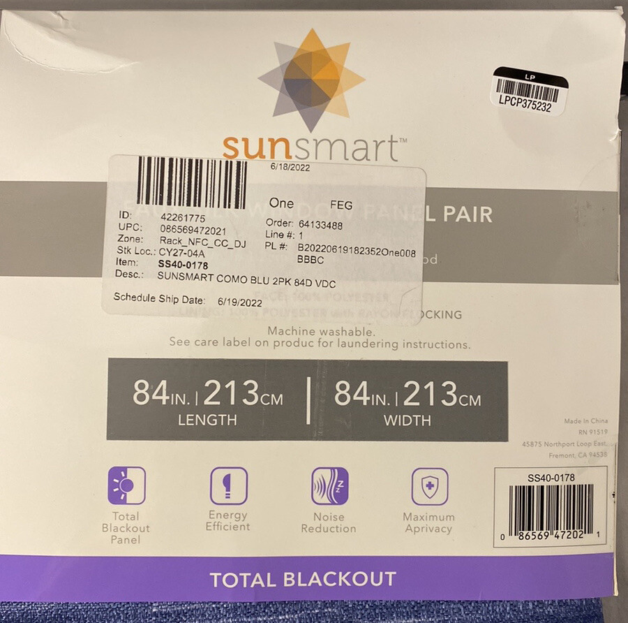 Sunsmart Como Total Blackout Polyester Curtain- 2 Panels-84”x84”-blue