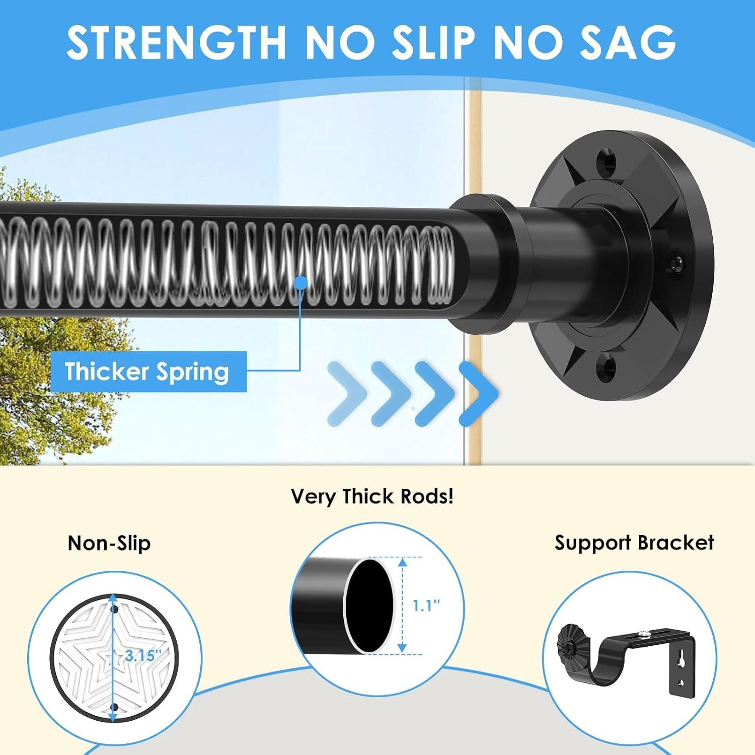 Tension Curtain Rod Extra Long Adjustable Outdoor Black Stainless Steel Heavy…