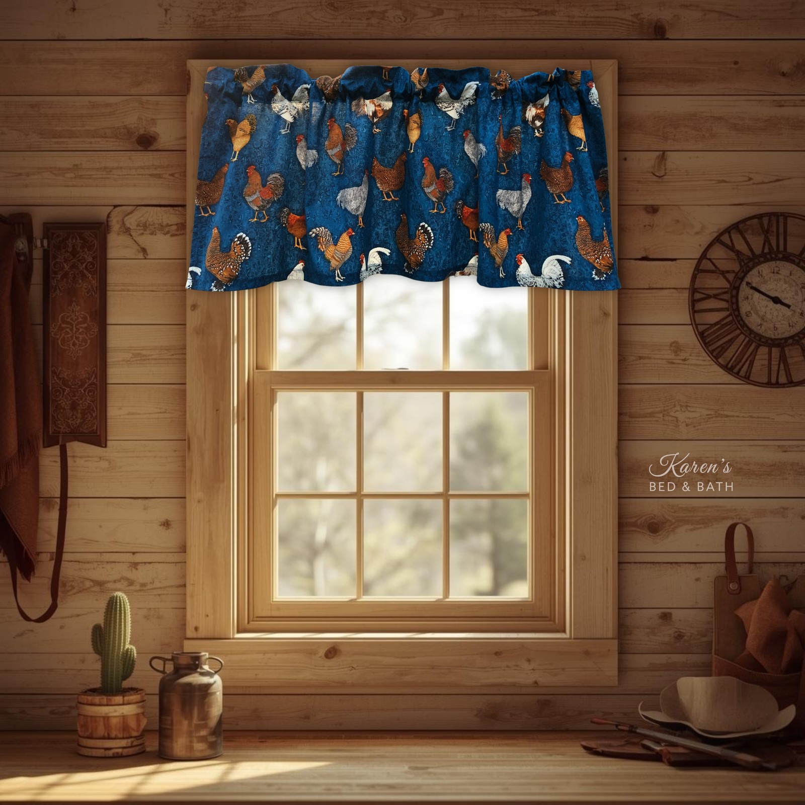 Chicken Rooster Valance Barnyard Farm Blue Country Farmhouse Kitchen Curtain