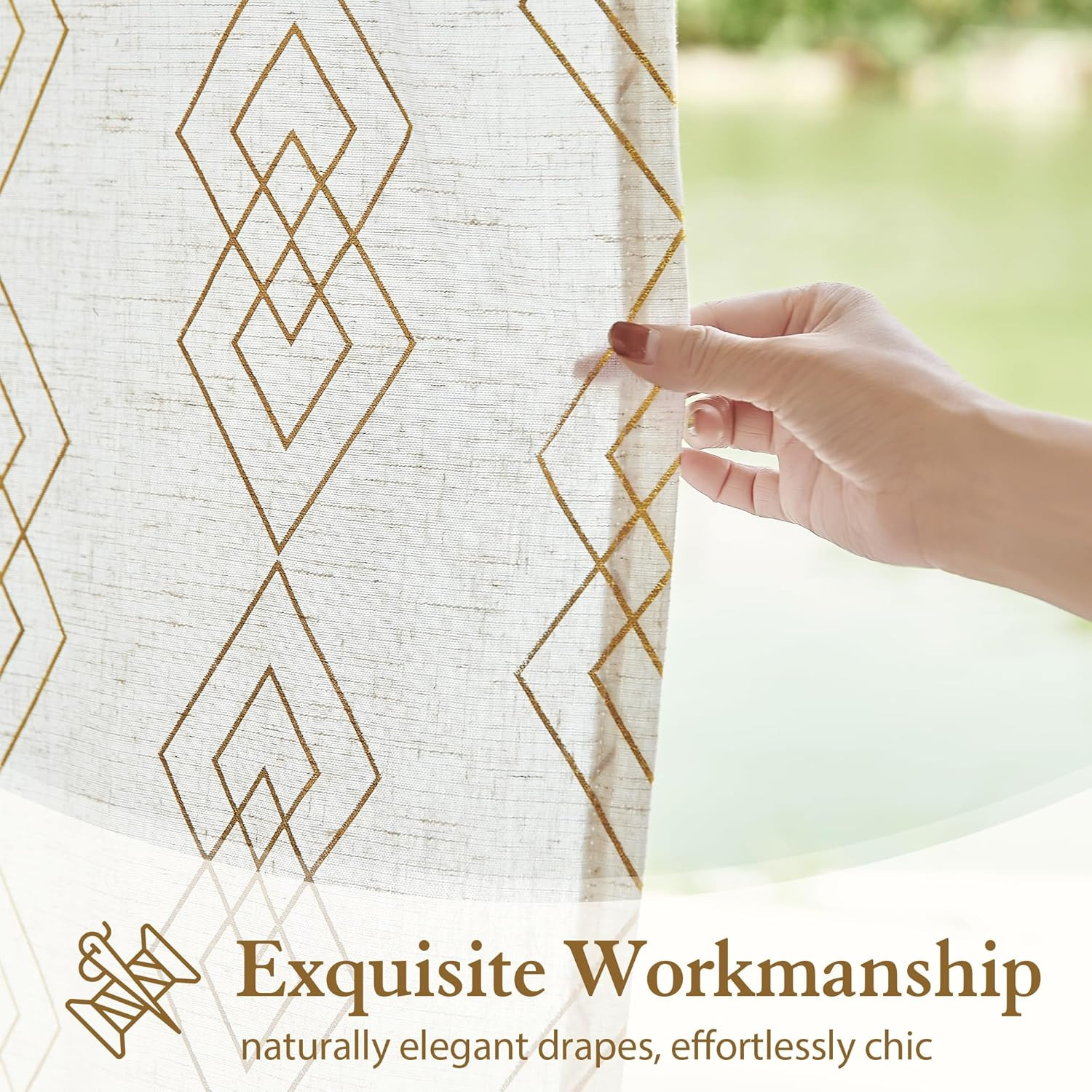 Linen Boho Curtains for Bedroom,63 Inch Length Curtains Gold Foil Metallic Strip