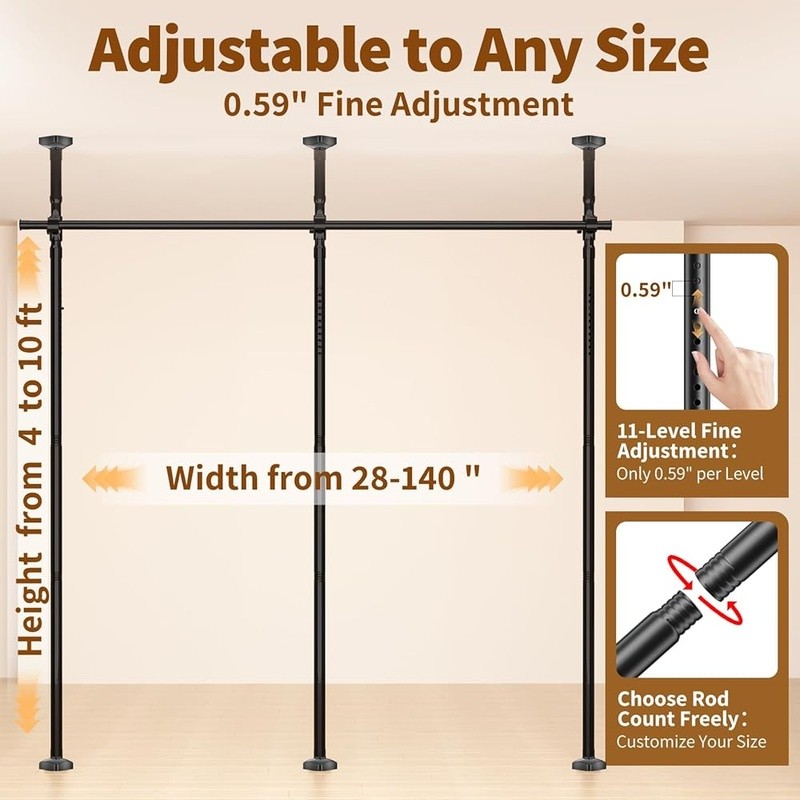 Adjustable No Drill Room Divider Curtain Rod Tension Mounted Strong Load-bearing
