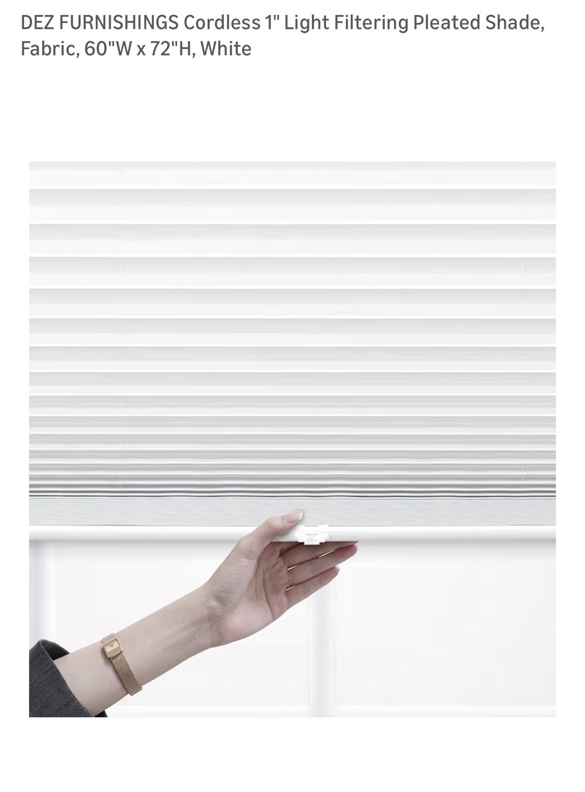 Cordless 1” Light Filtering Pleated Shades. 60”W x 72”H, White