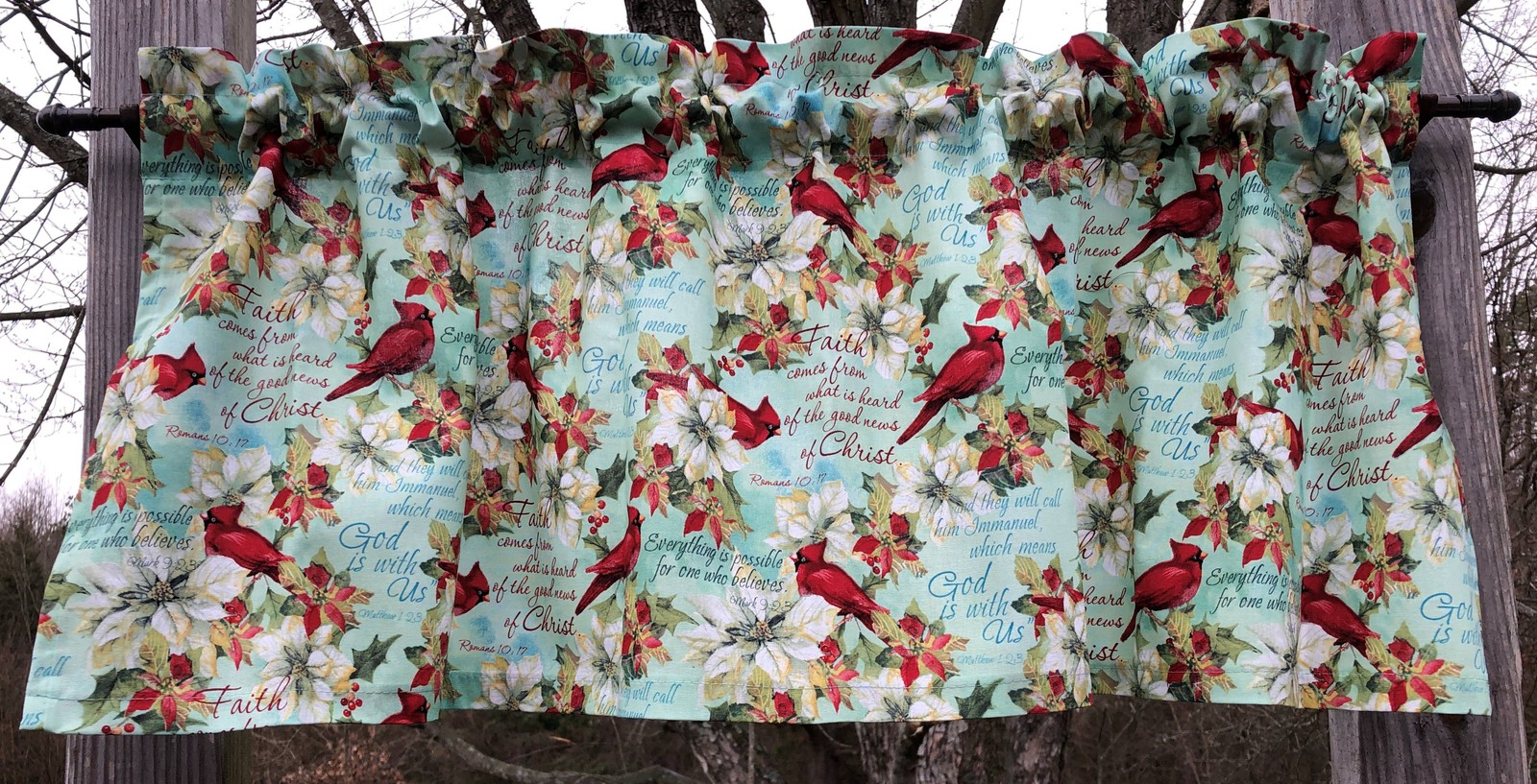 Cardinal Scripture Valance – Christmas Faith Poinsettia Print – Christian