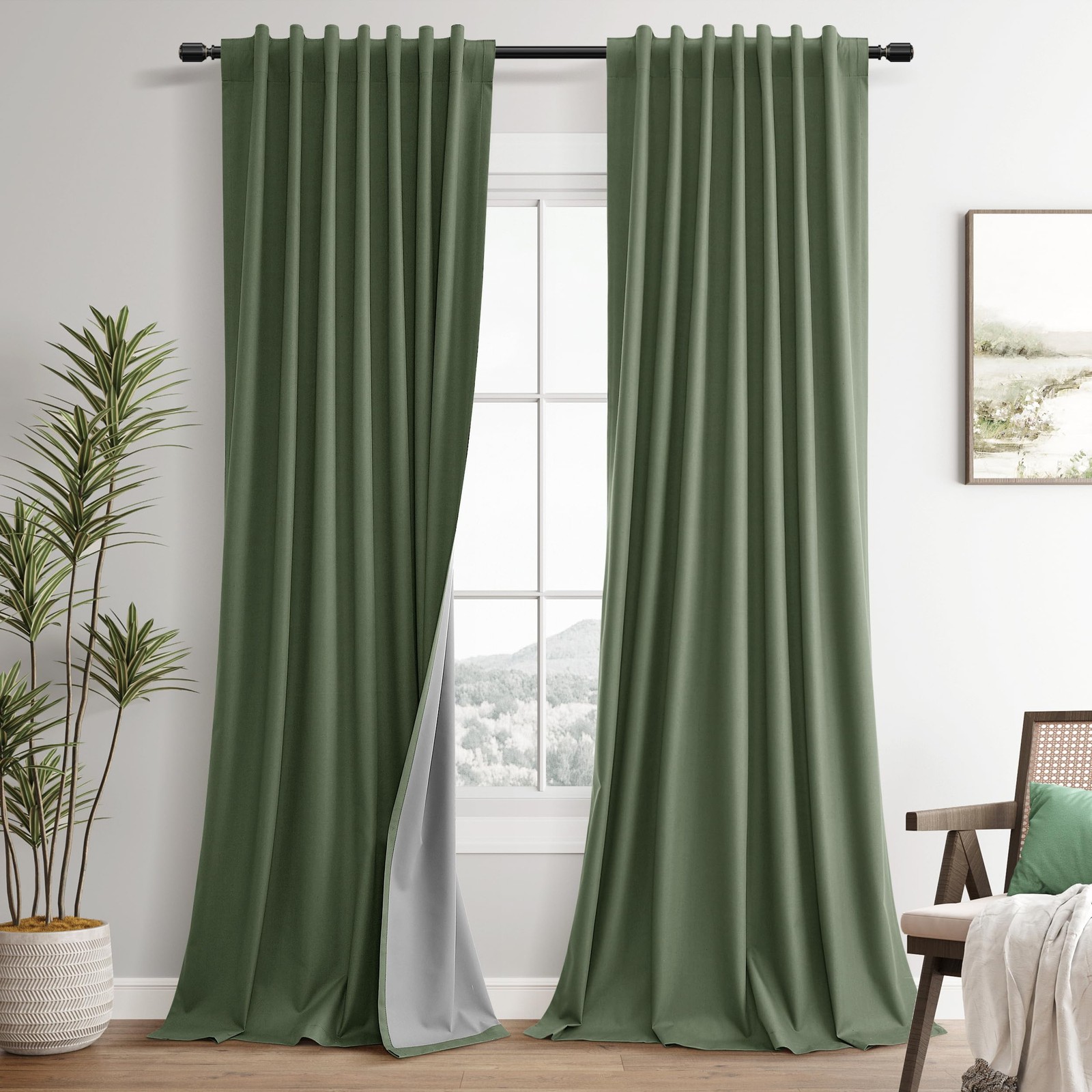 100% Blackout Olive Green Linen Curtains 84 Inch Length for Bedroom Black Out…