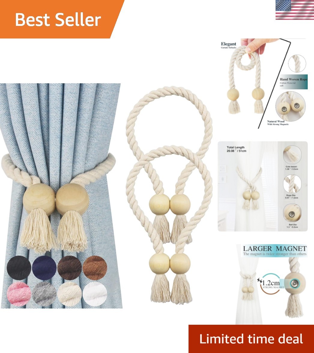 2 Pack Magnetic Curtain Tiebacks Cotton Hand Woven Tie Back Decorative Rope H…