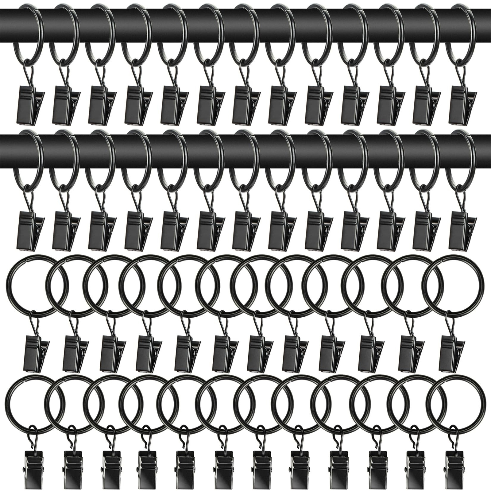 50PCS Curtain Rings with Clips – Curtain Clips Black Drapery Rings with Faste…