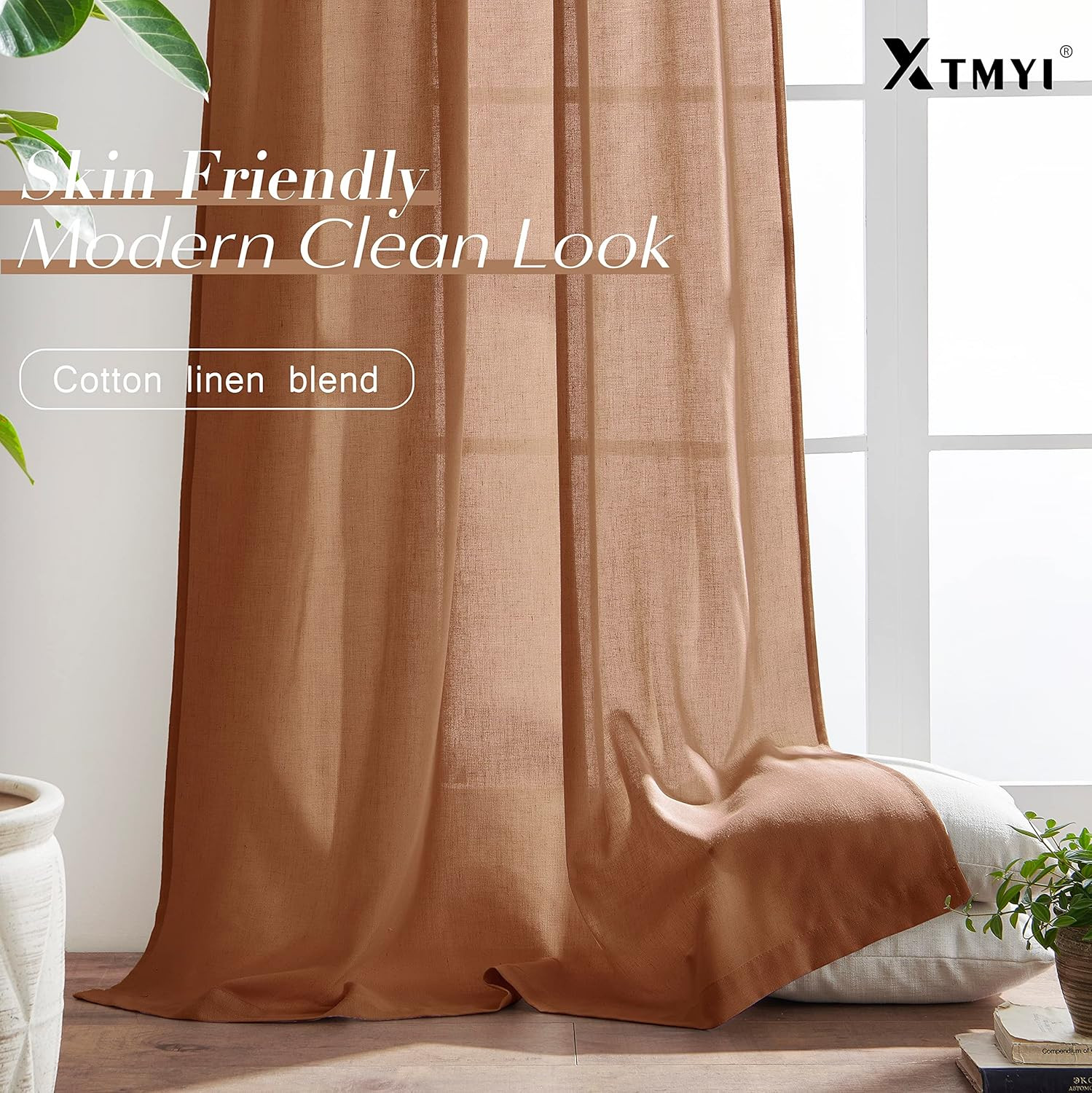 XTMYI Terracotta Vintage Boho Curtains, Rust Colored Linen Sheer Rustic Farmhous