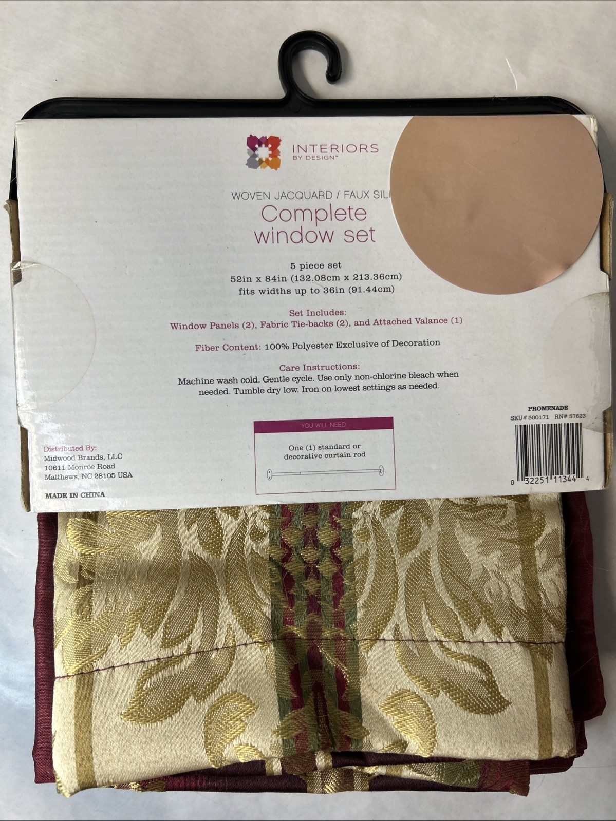 5 piece Window Set 2 window panels 2 tie-backs 1 Valance burgandy Gold 84″…