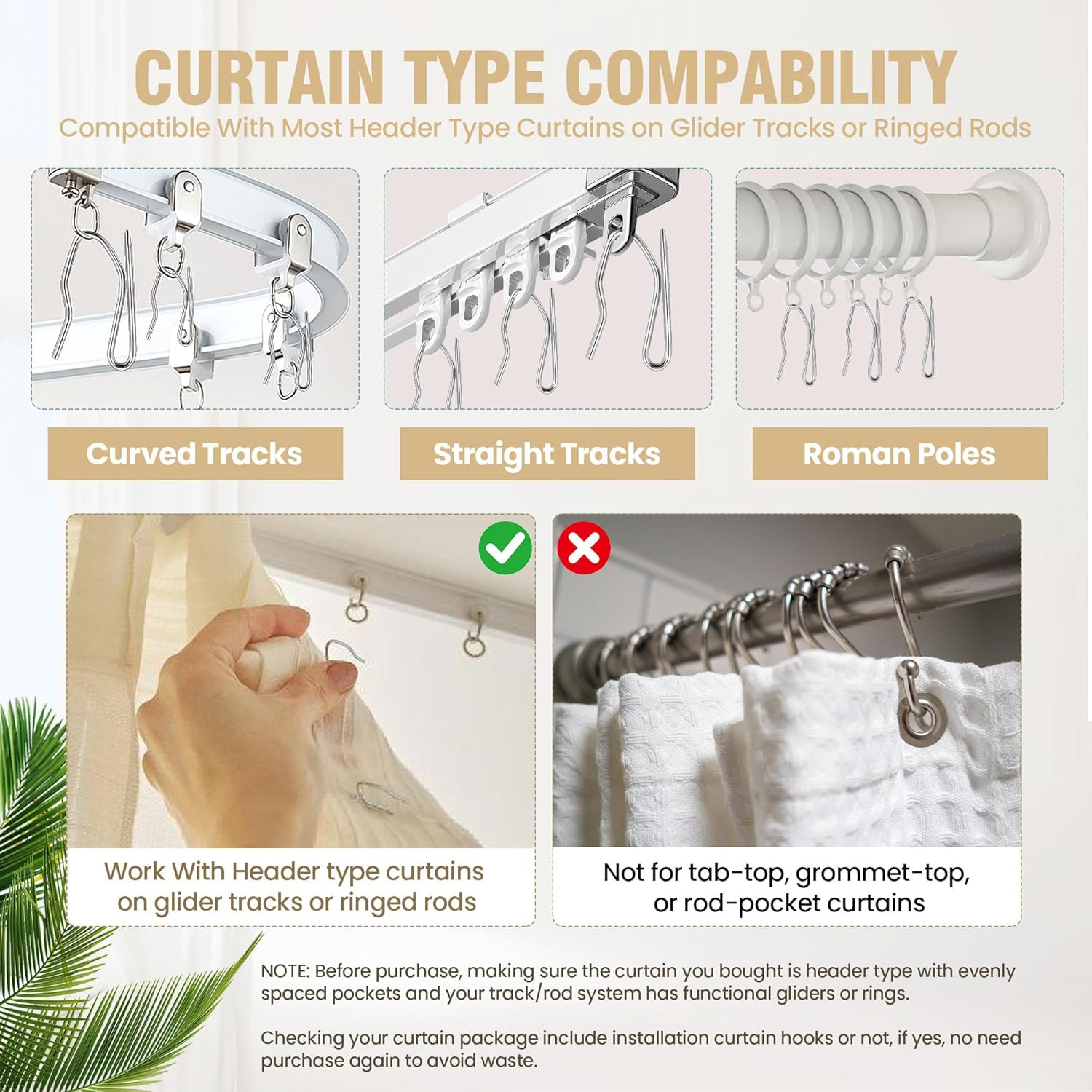 Junreox 1.25IN Curtain Hooks for Drapes, 58PCS Premium Rustproof Metal Drapery H