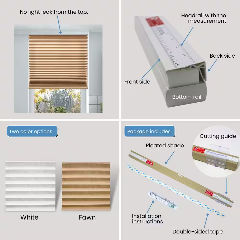 Cut at Home Adjustable Width Pleated Shade 1.5 In. Pleat White Cordless Light Fi