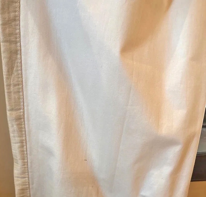 High End Designer Custom Pinch Pleated Beige Silk Curtains w/ Fringe Trim ZZ776