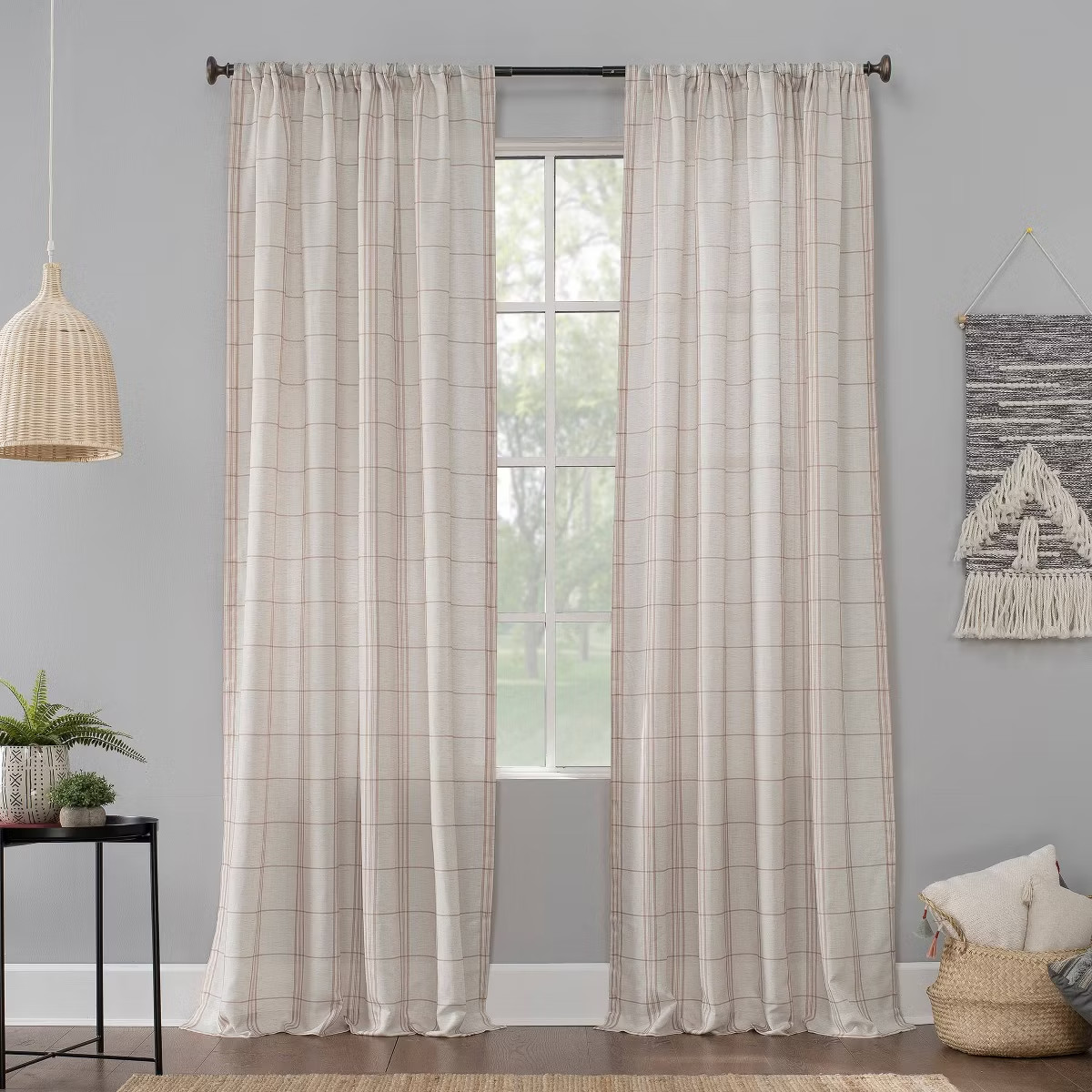 No. 918 Castille Farmhouse Plaid Linen Semi Sheer Curtain Panel Beige/Blush NEW