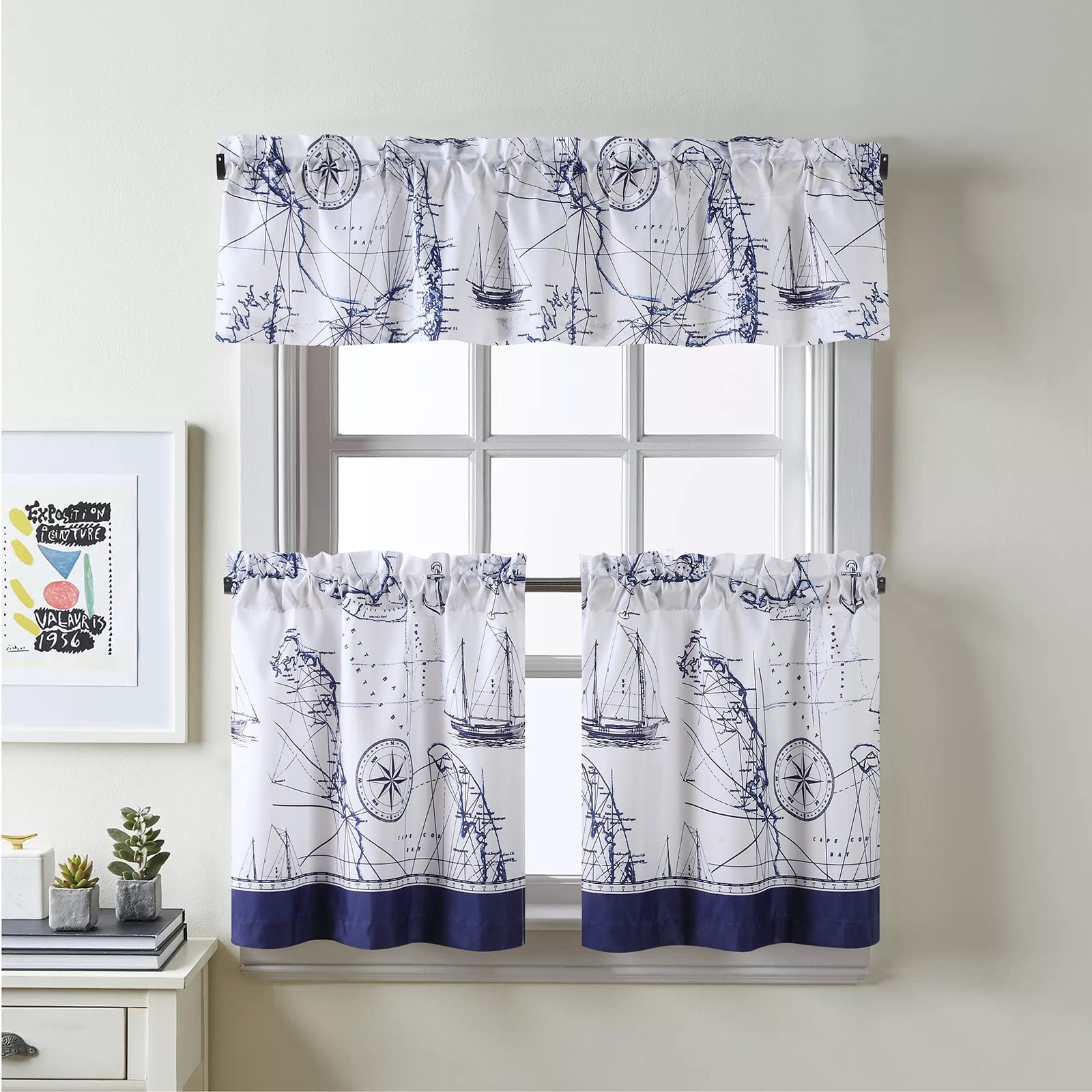 Aviation Blue Pinted Polyester Fabric Ocean Modern Waterproof White 3pcs Kitc…