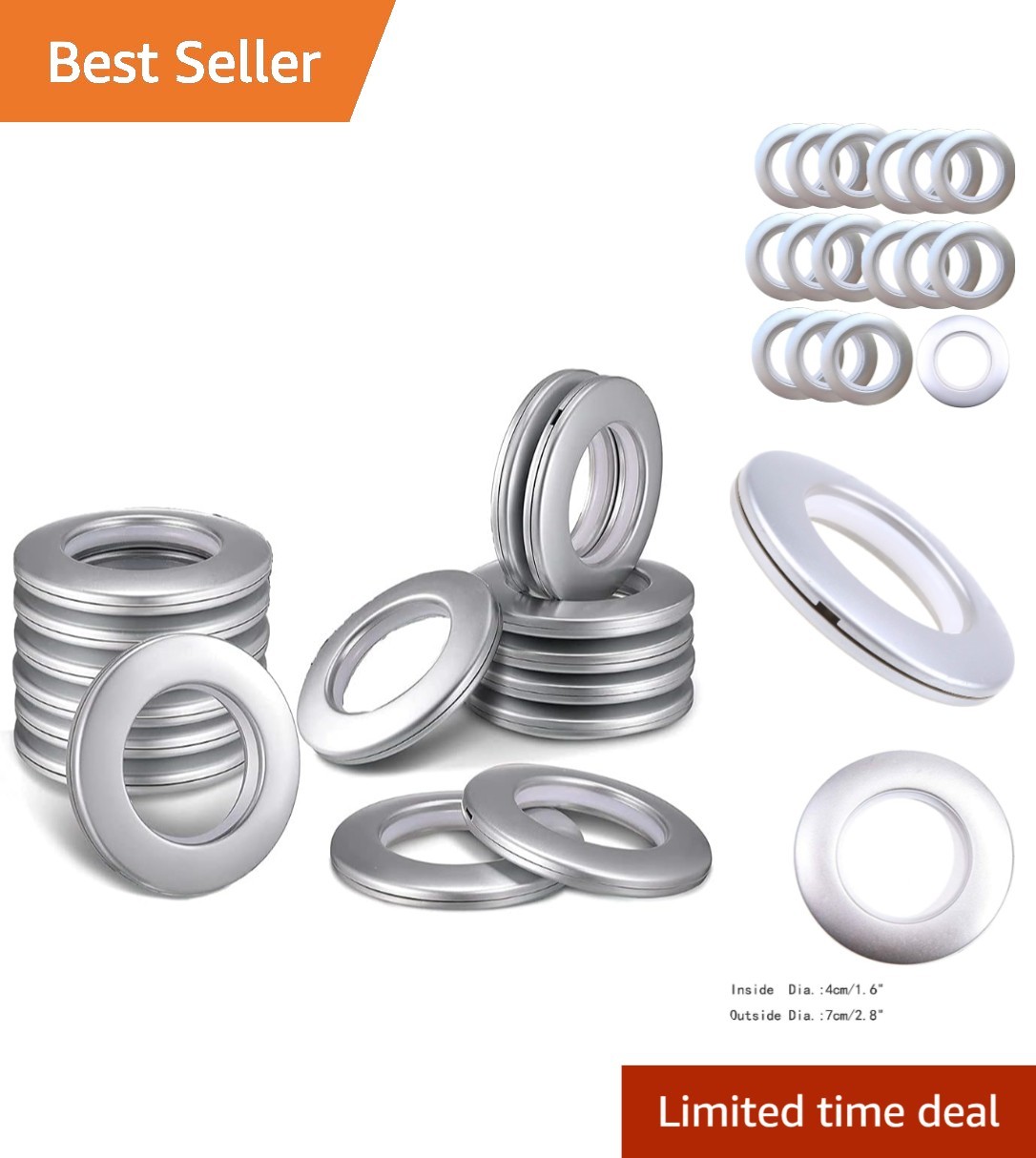 Polished Silver Curtain Grommets 16 Pack, 1-9/16 Inch Silencer Design