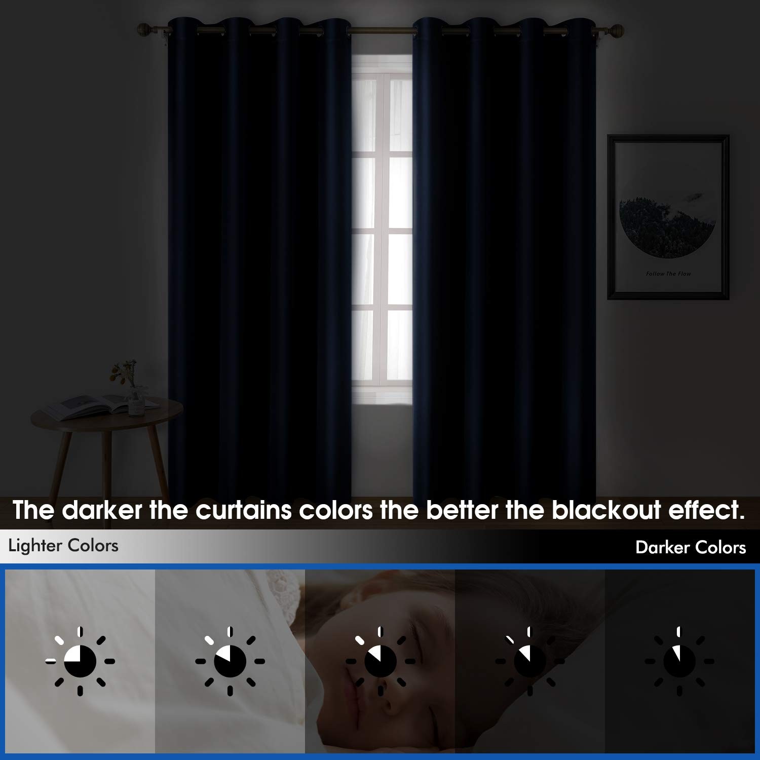 HOMEIDEAS Navy Blue Faux Silk Blackout Curtains 52×96″ Thermal Room Darkening