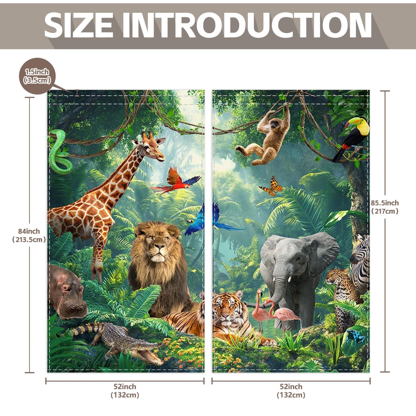Rainforest Animals Window Curtains 52×85.5 Inch – Jungle Theme, Room Decor