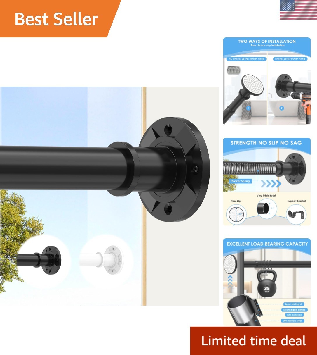 Tension Curtain Rod Extra Long Adjustable Outdoor Black Stainless Steel Heavy…