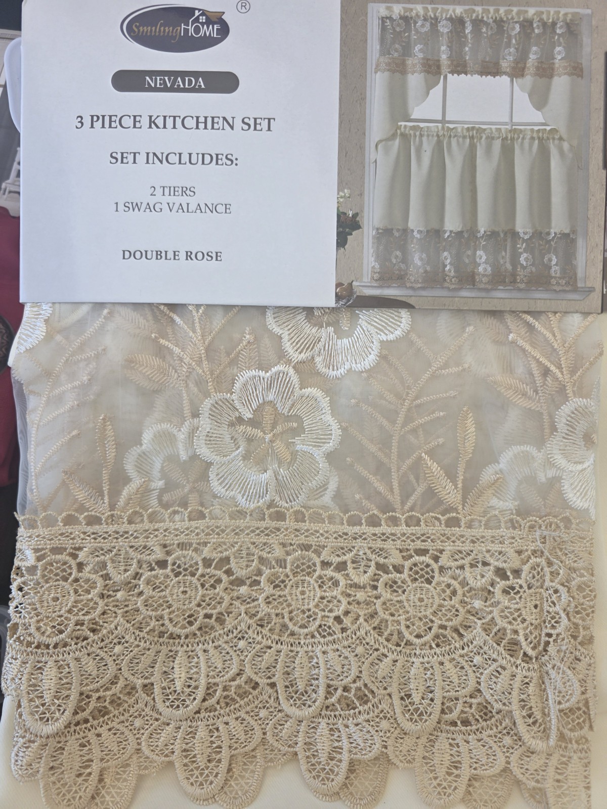 3pc Kitchen Curtain Double Rose Swag Valance Set Beige Embroidery