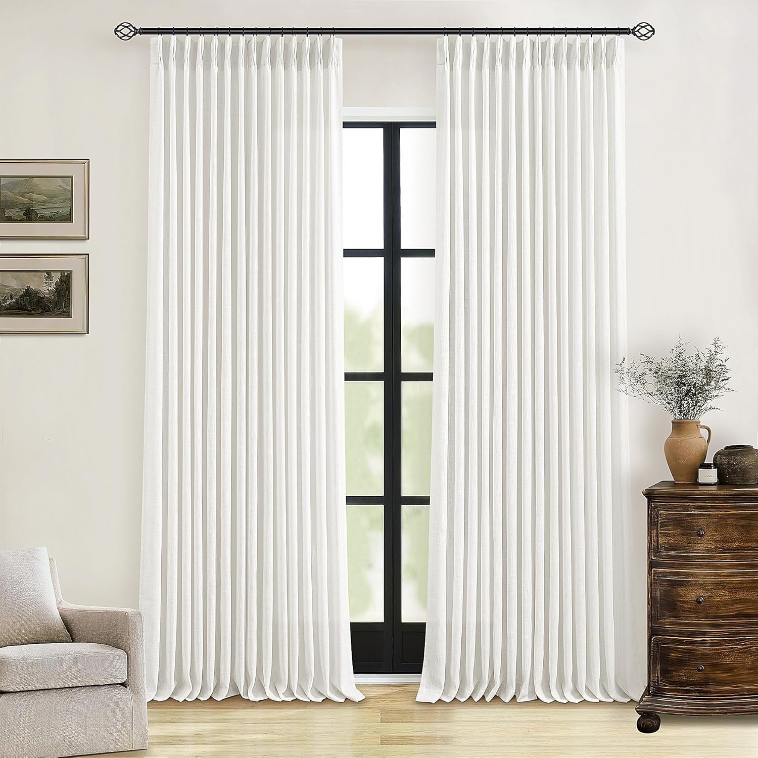 Pinch Pleated Linen Curtains 96 Inch Light Filtering Drapes 2 Panels Neutral