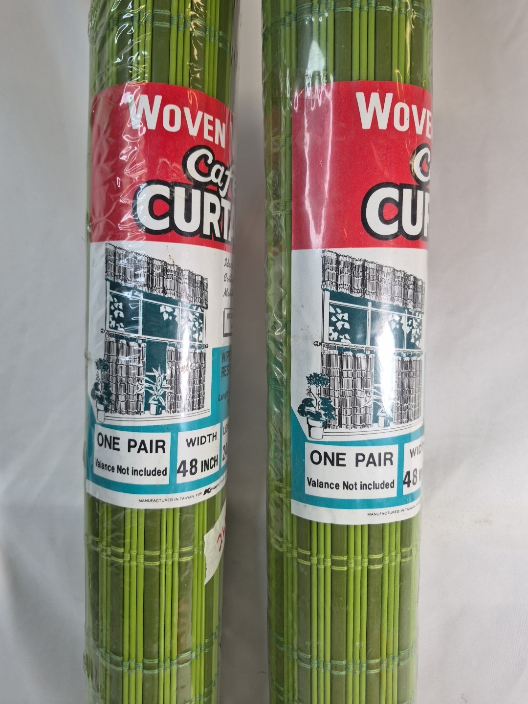 2~ NOS VTG WOVEN VINYL CAFE CURTAINS AVOCADO GREEN 24″L×48″W KMART COTTAGE BOAT