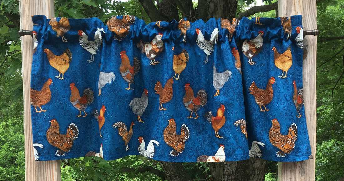 Chicken Rooster Valance Barnyard Farm Blue Country Farmhouse Kitchen Curtain