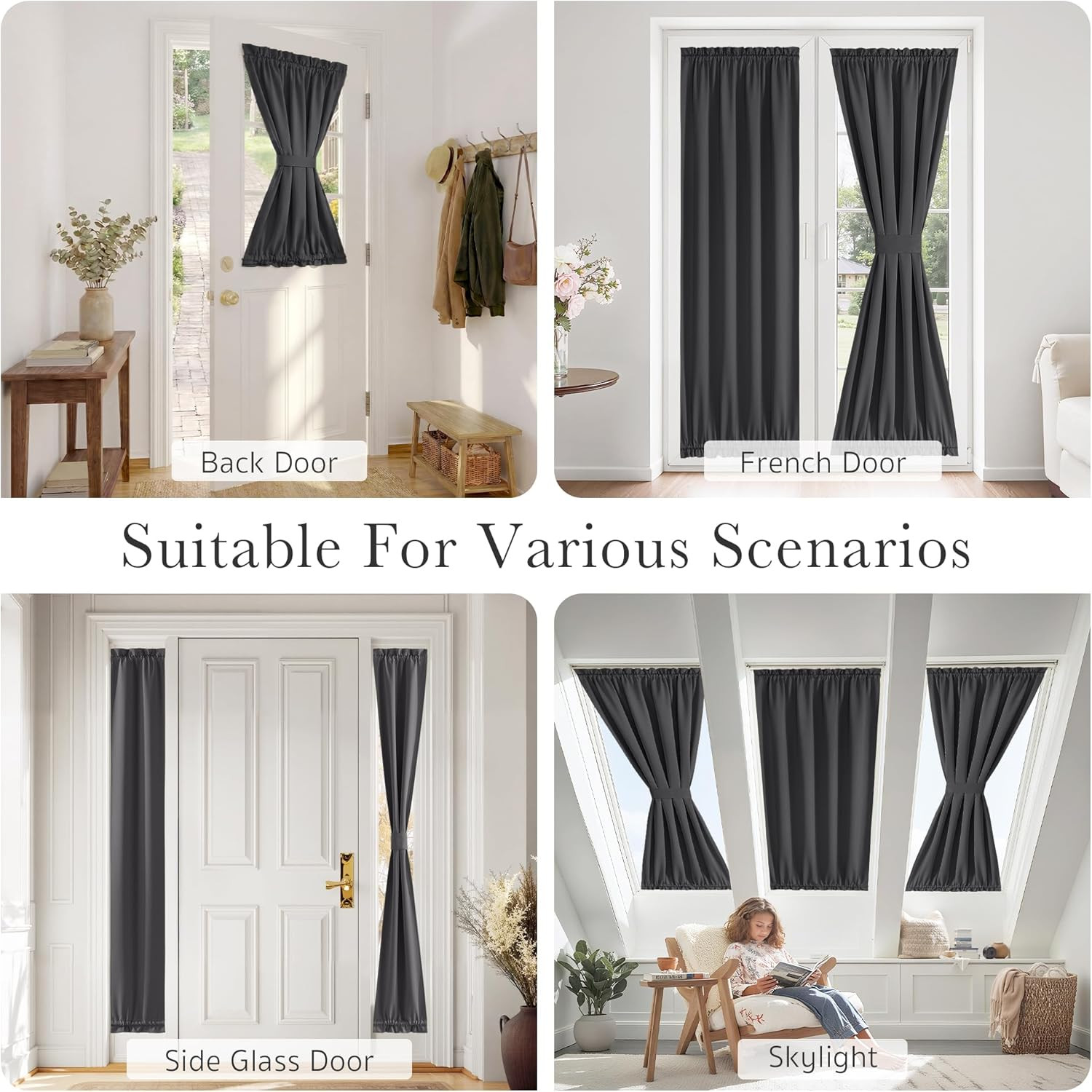 Blackout Door Window Curtains, Dual Rod Pocket Grey Drape for Front Glass French