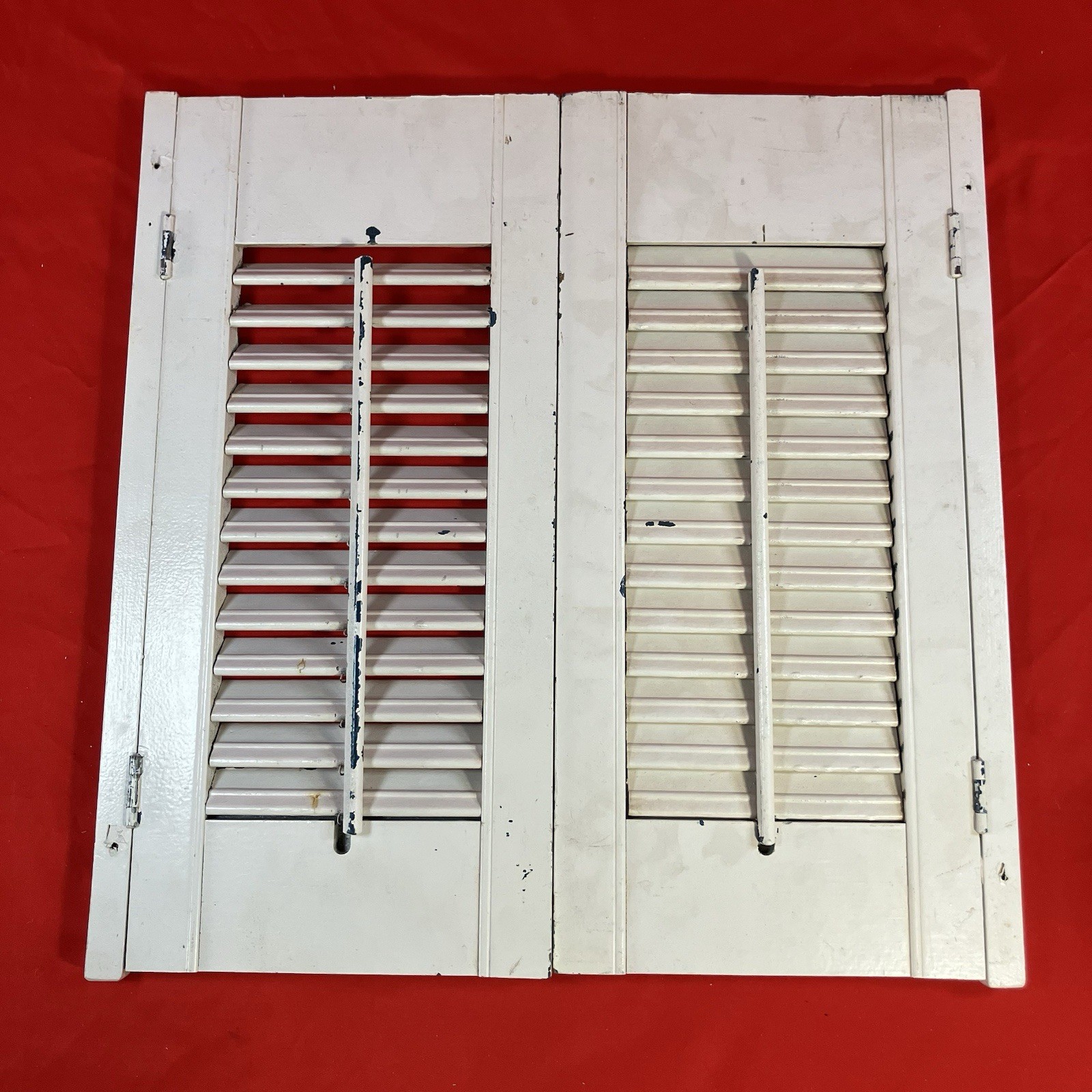 Vintage Wood Louvered Panel Window Shutters / Painted White Rustic / Flaws No 5