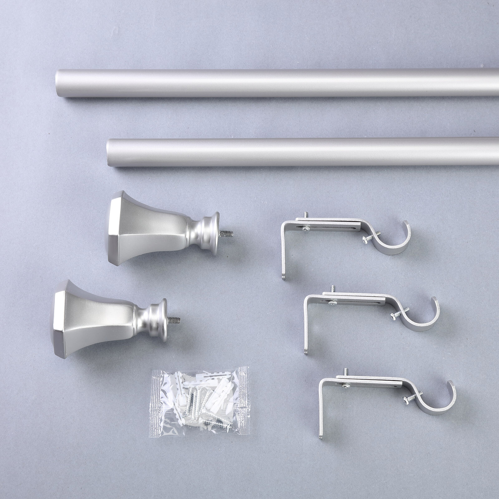 SILVER 42-126″ long Adjustable Metal Curtain Rod Set Teardrop Finials Light Gray