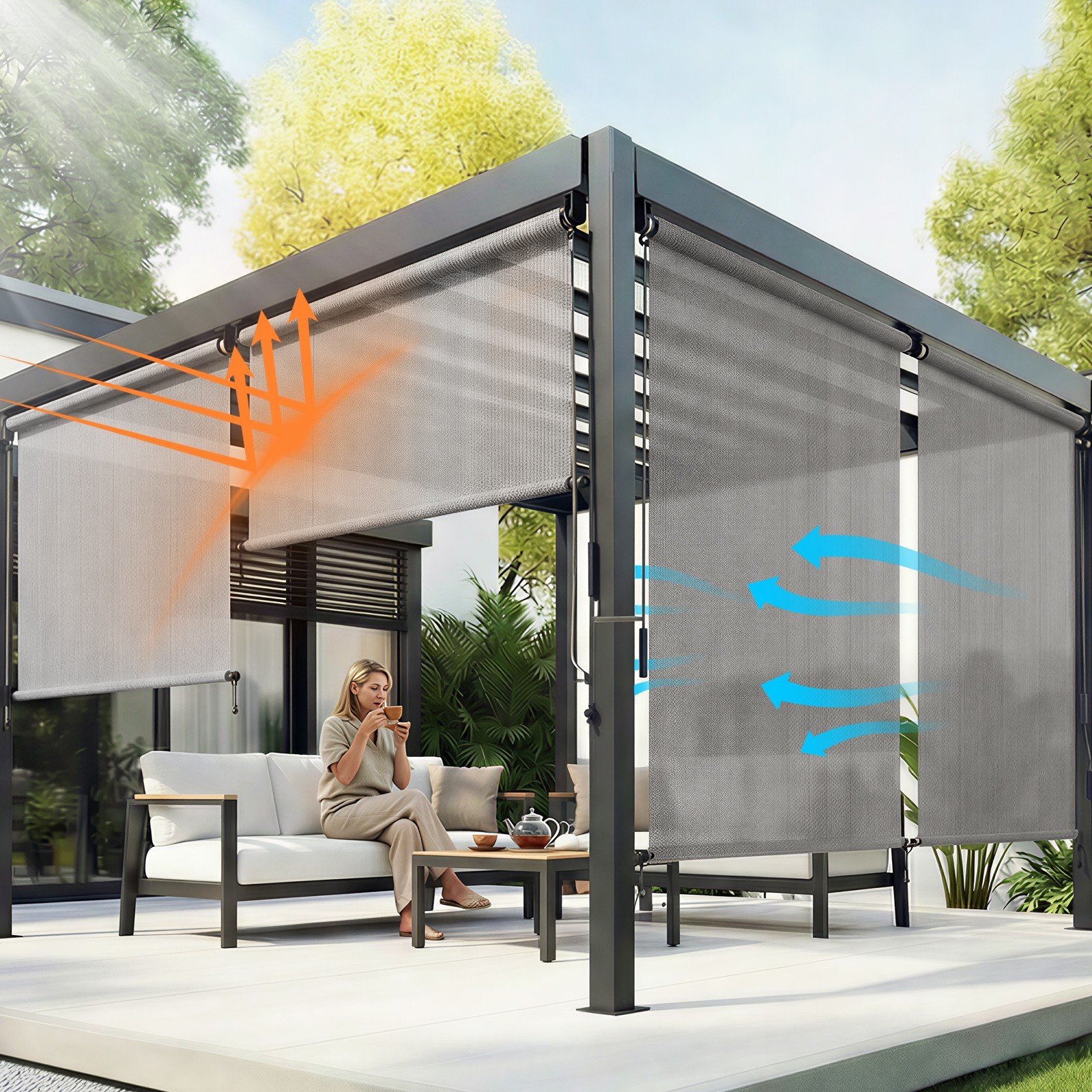 Patio Roller Shade HDPE Fabric Outdoor Cordless Roll Up Shade for Porch Gray