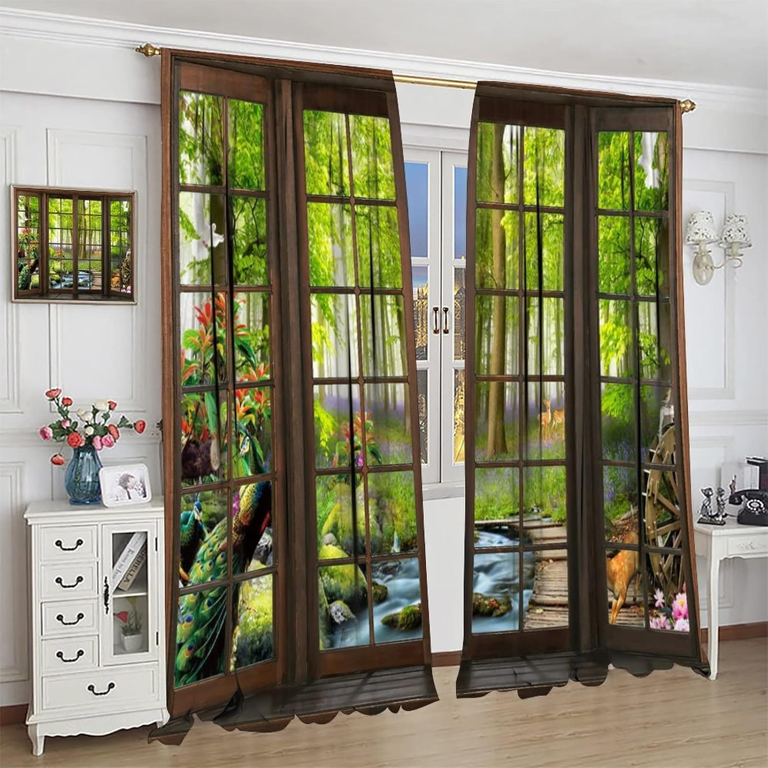 Landscape Curtains, 3D Window Spring Forest Wildlife Nature Scenery, Bedroom Liv
