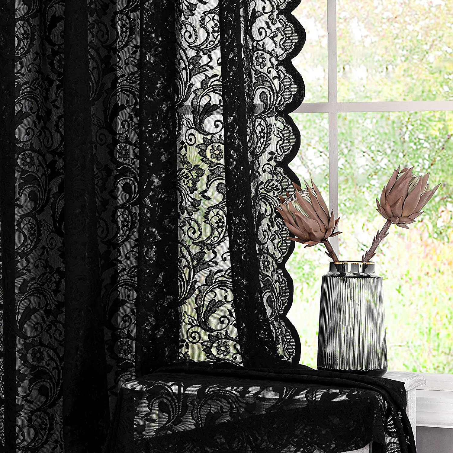 Black Sheer Lace Curtains 84 Inch Vintage Floral Sheer Gothic Curtain Panels for