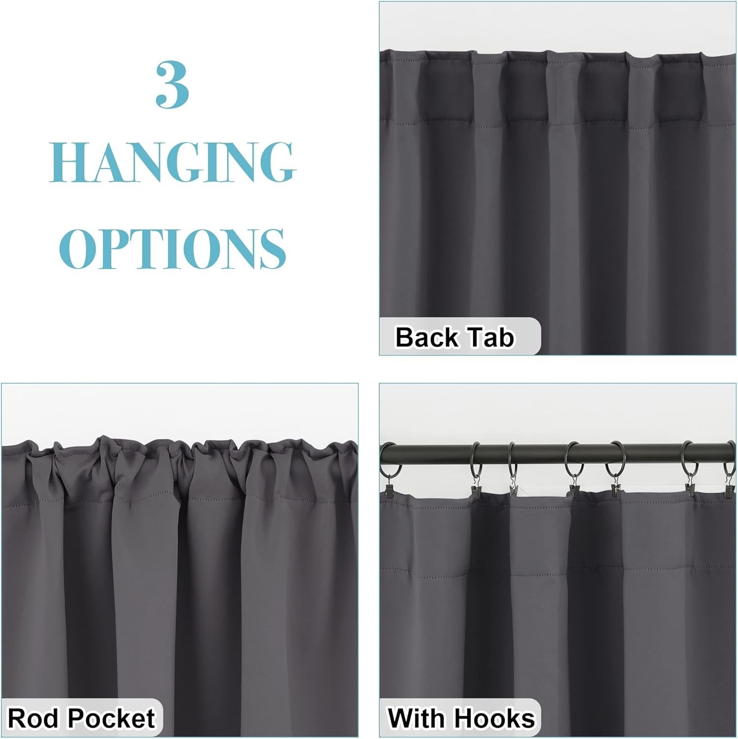 Grey Blackout Window Curtains – 2 Panels, 34″W x 24″L, Light Blocking