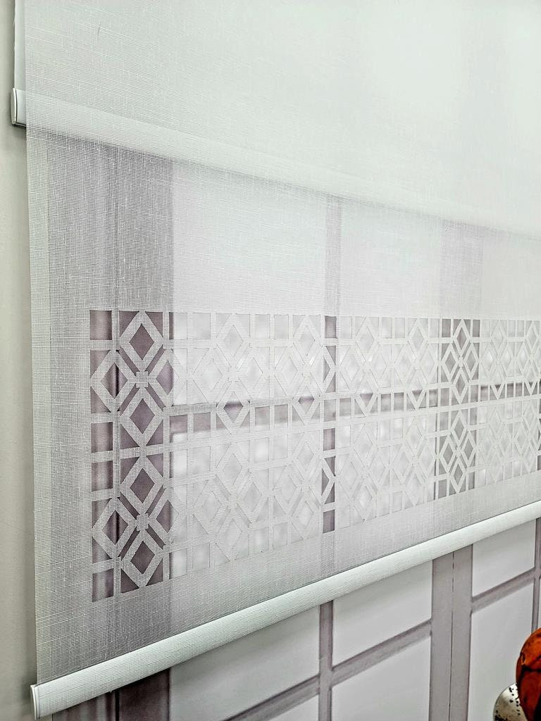 Linen Fabric Laser Cut Duble Mechanism Tulle and Roller Blinds Curtain, Color
