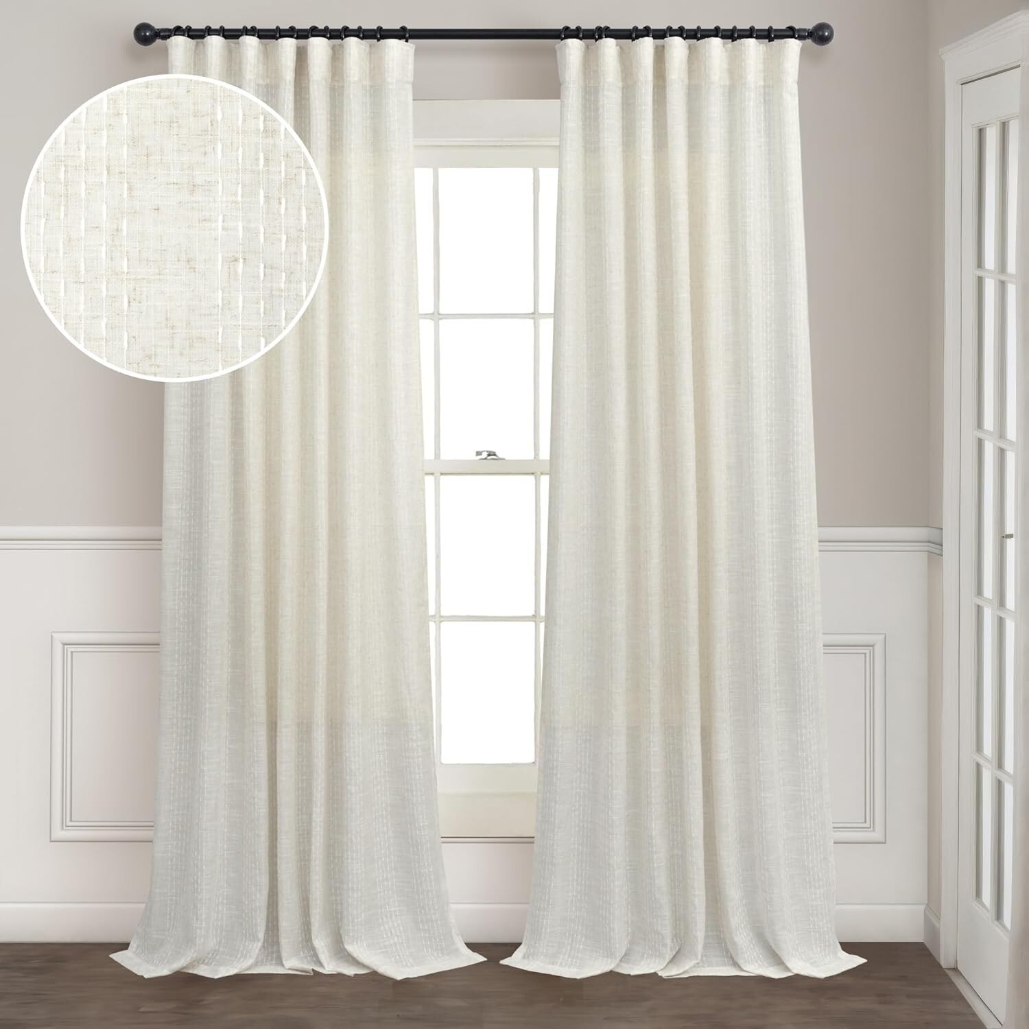 Pitalk 90″ Ivory Linen Embroidered Stripe Curtains ~ 2 Panel ~ Light Filtering