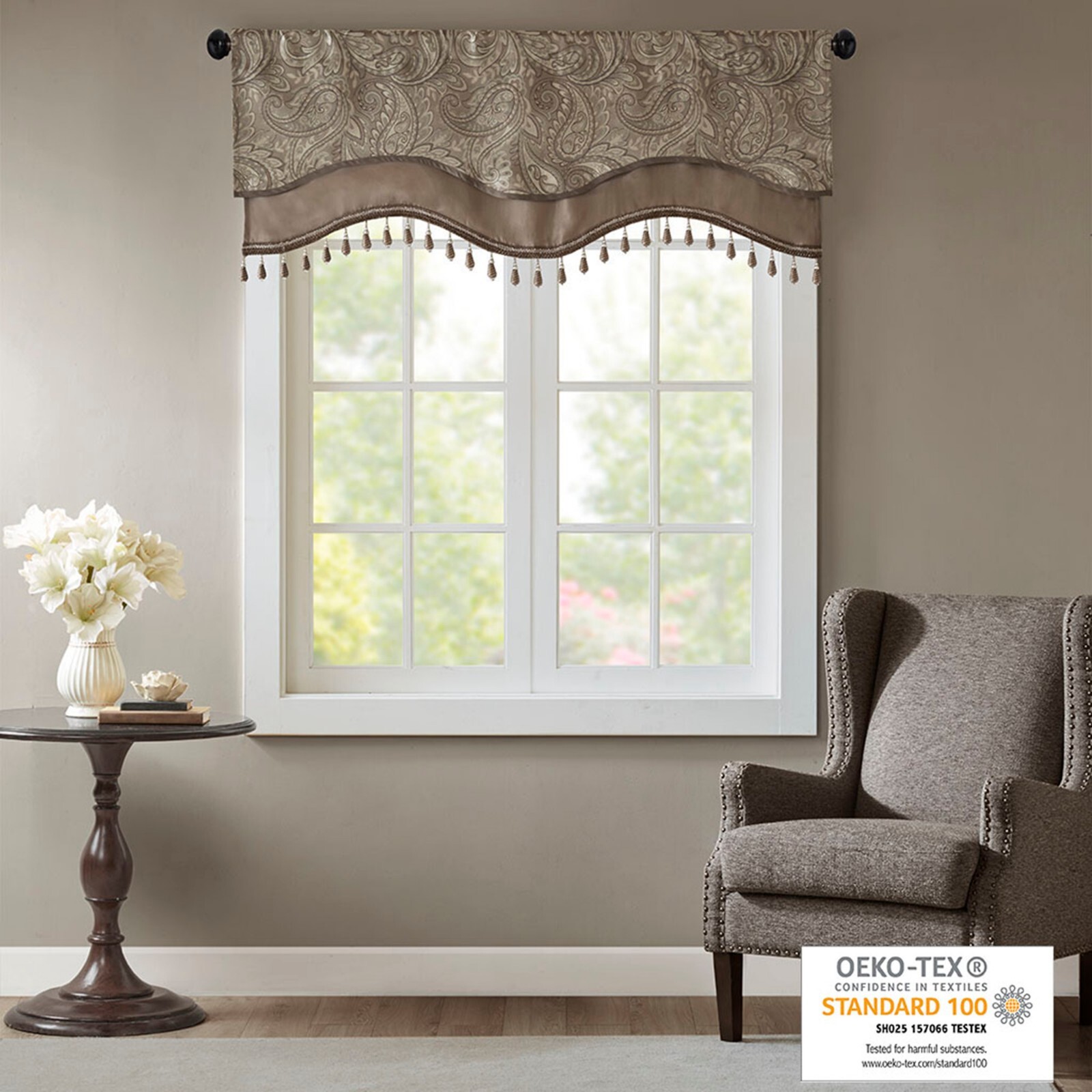 Madison Park Classic Jacquard Window Rod Pocket Valance With Beads 50″W x 18″L