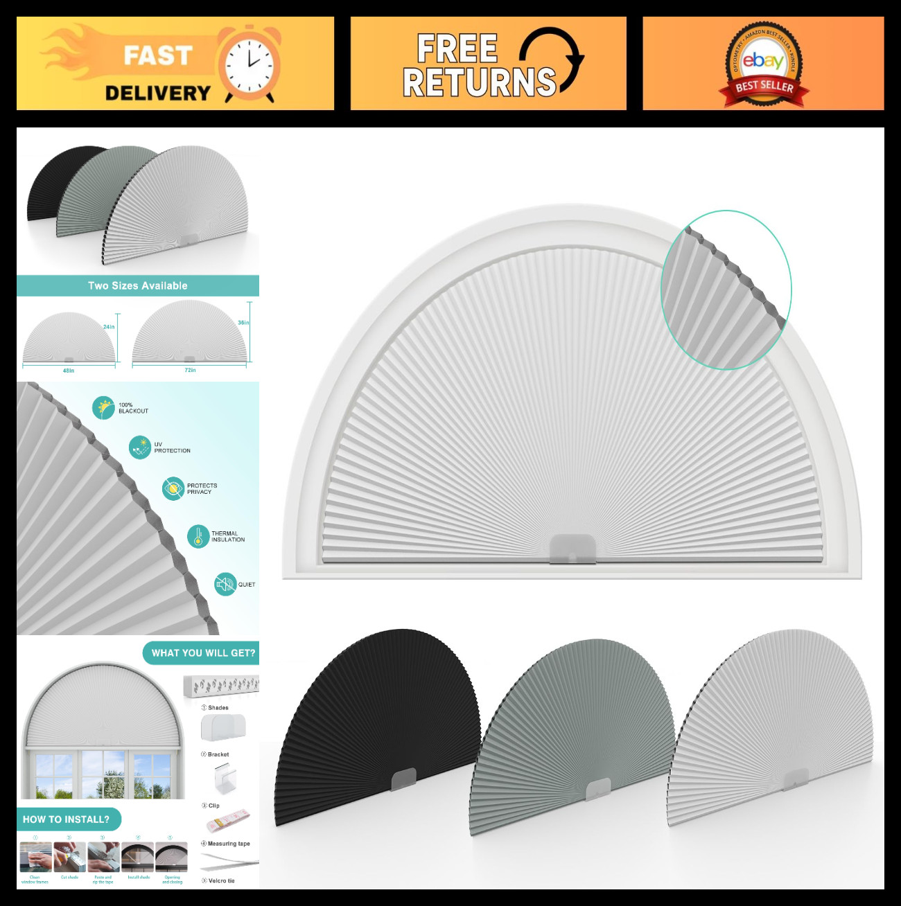 Blackout Half Moon Window Shades 36″ Radius – No Drill Cellular Pleated Shades