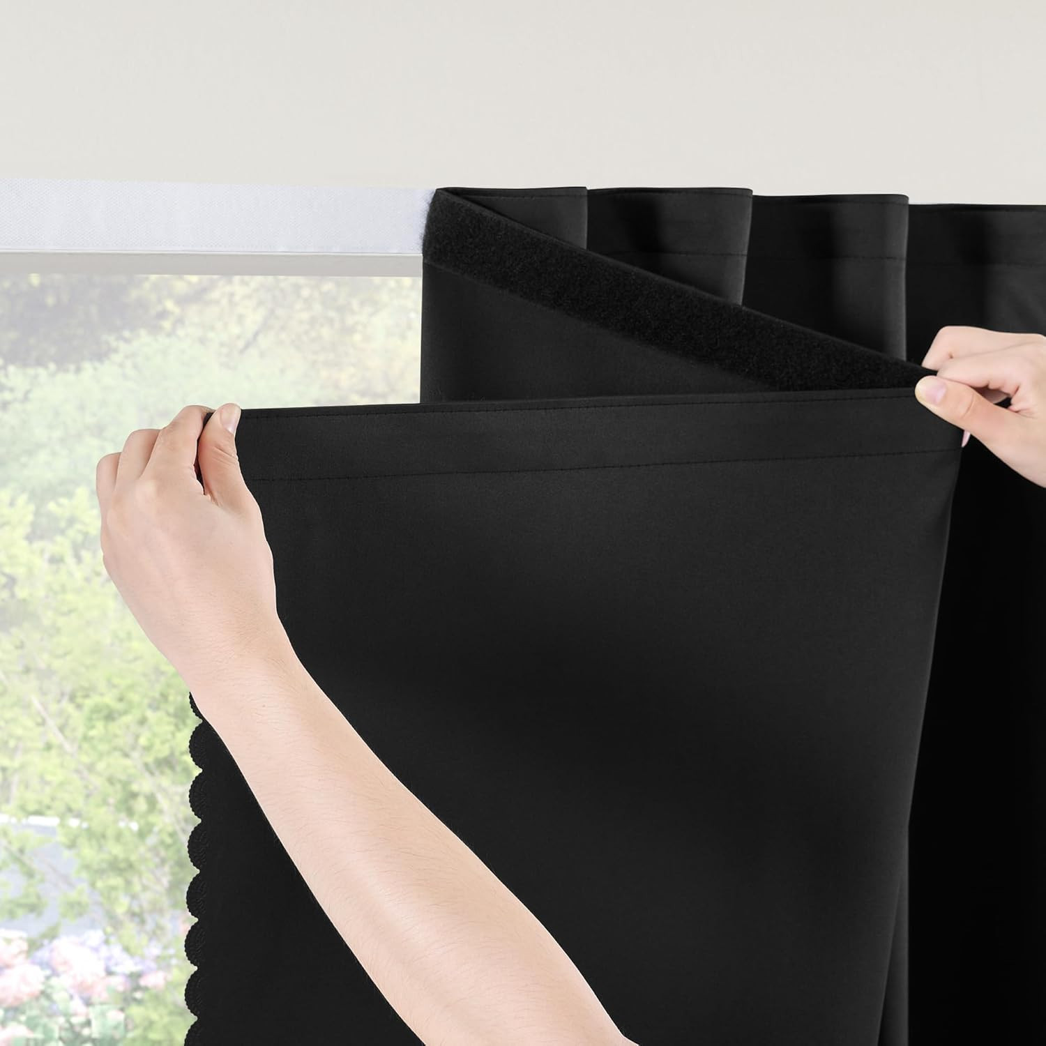 100% Blackout Curtains No Drill Adhesive for Kitchen with Tie Back | Stick on Wi