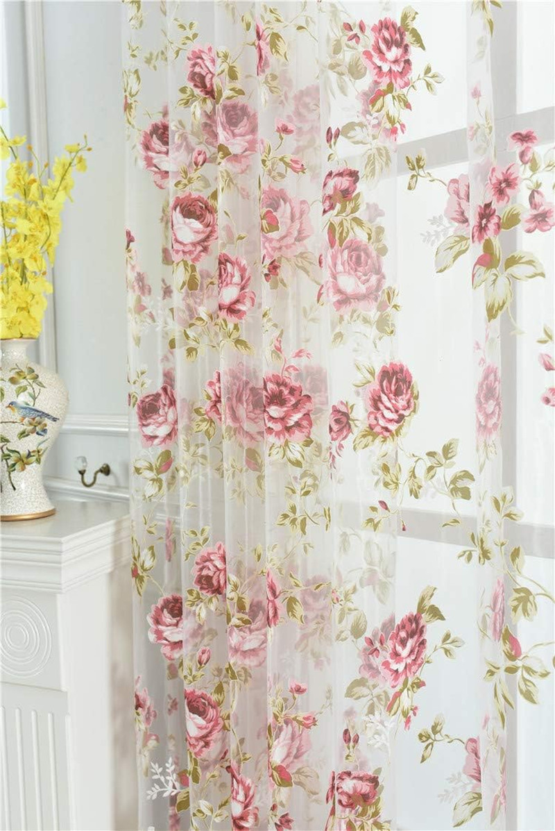 Rose Floral Sheer Voile Curtains, Pink Tulle Window Treatment, 54×96 Inch Set of